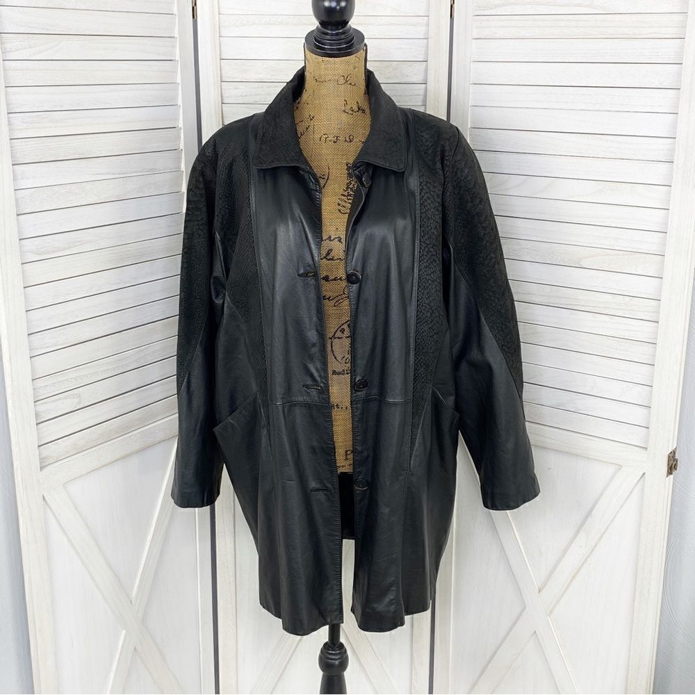 Pelle Vtg 80s Coat Womens Sz Large Black Leather Suede Overcoat Pockets Embossed